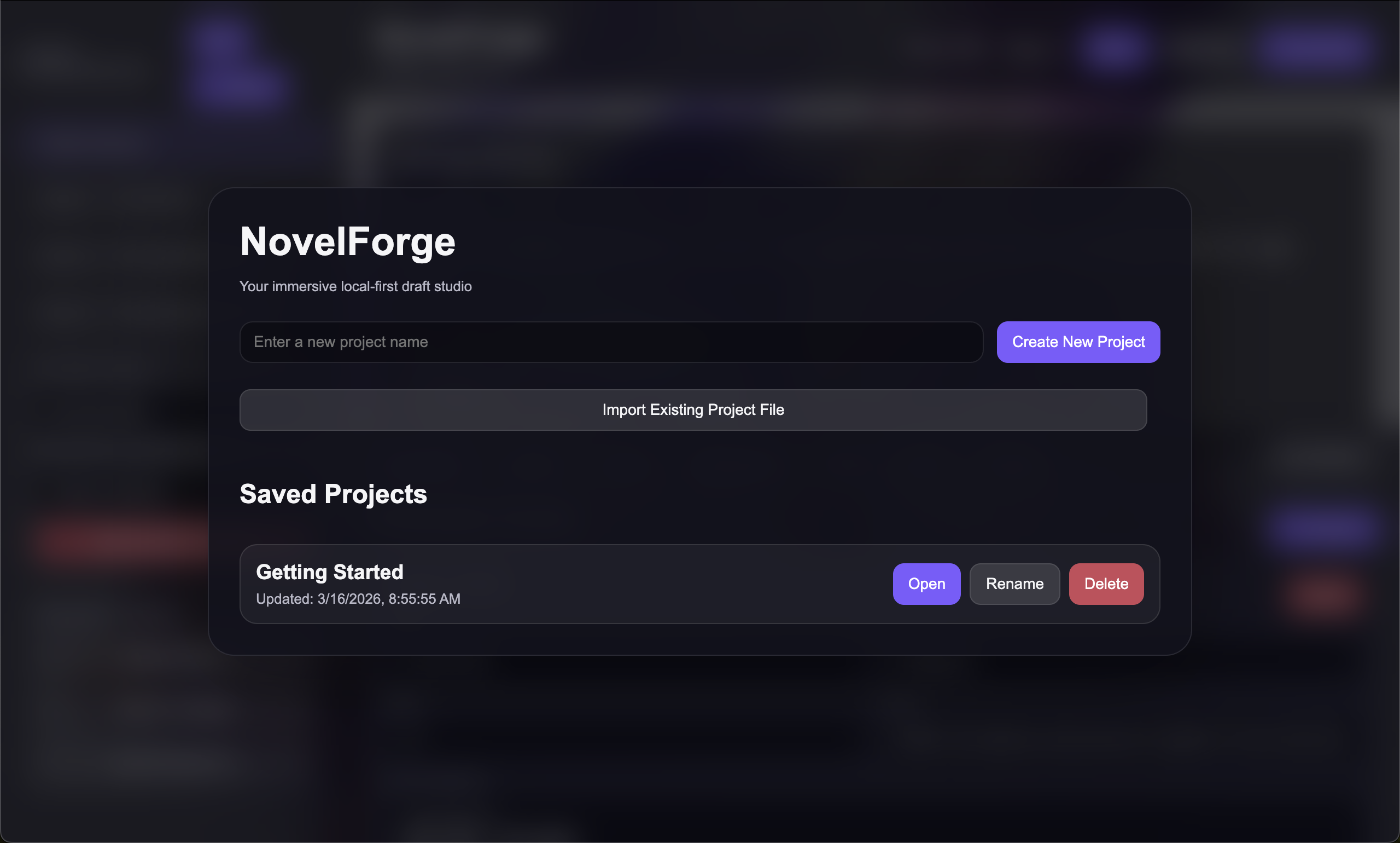 NovelForge project dashboard
